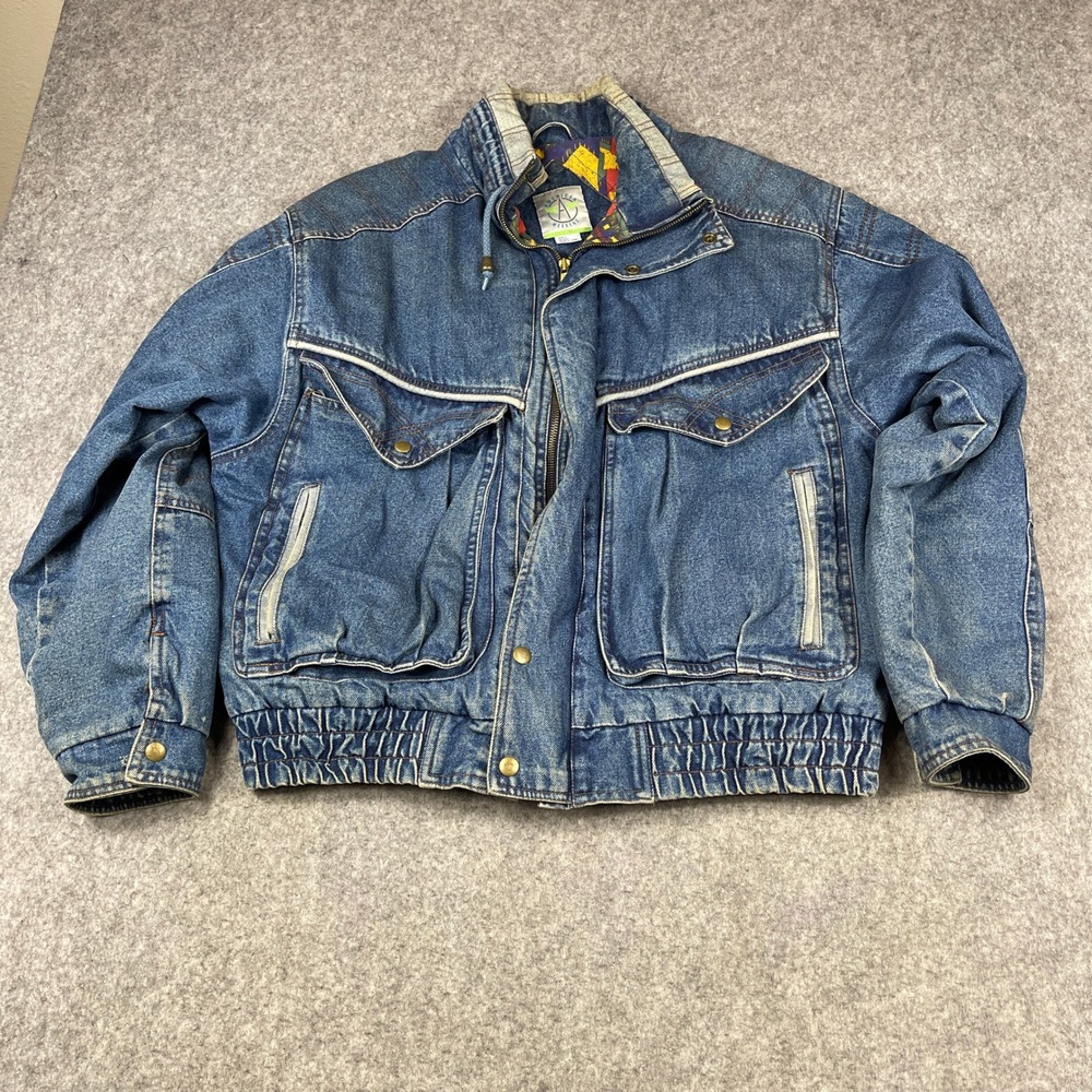 Vintage American Weekend Denim Bomber Jacket Blue Quilted Lined Mens Large 80s